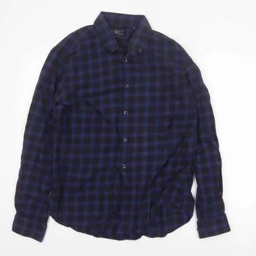 Luc Brevet Zürich Men's Blue Cotton Check Button-Up Shirt L