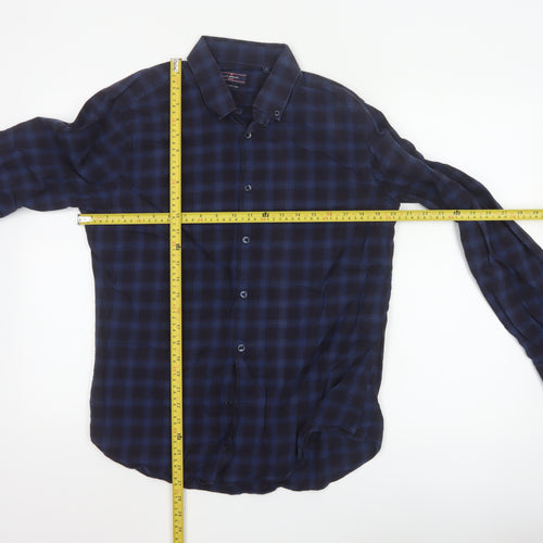 Luc Brevet Zürich Men's Blue Cotton Check Button-Up Shirt L