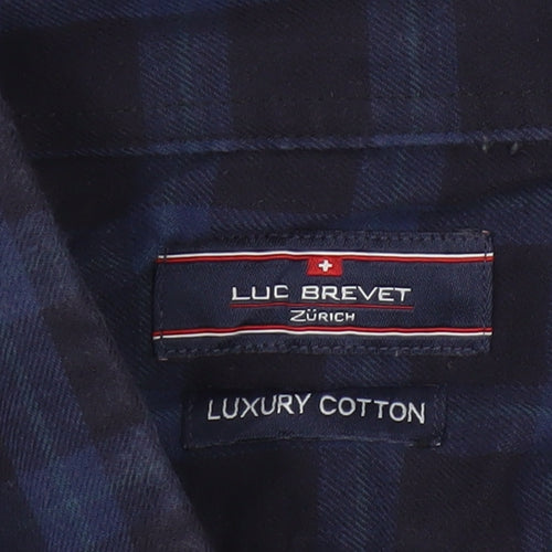 Luc Brevet Zürich Men's Blue Cotton Check Button-Up Shirt L