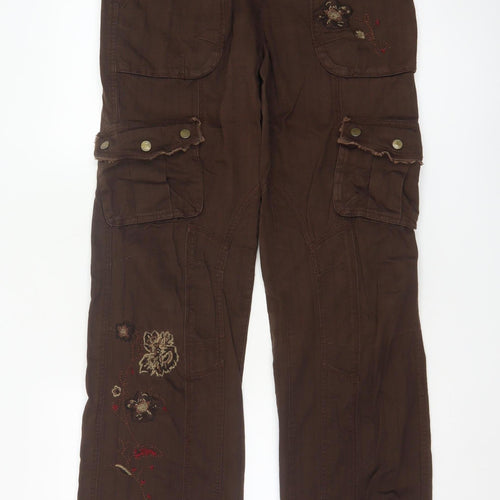 Next Women Brown Embroidered Cargo Trousers UK 10 Long Cotton