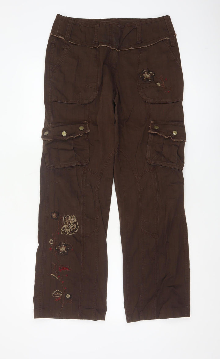 Next Women Brown Embroidered Cargo Trousers UK 10 Long Cotton