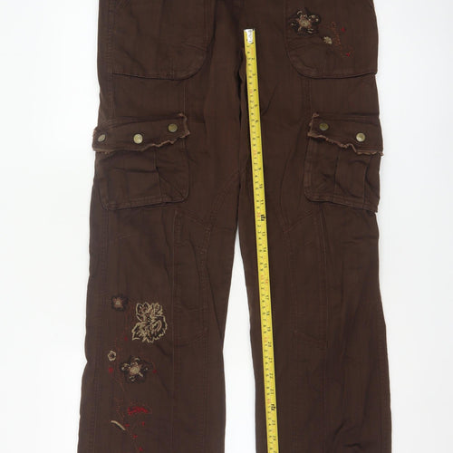 Next Women Brown Embroidered Cargo Trousers UK 10 Long Cotton