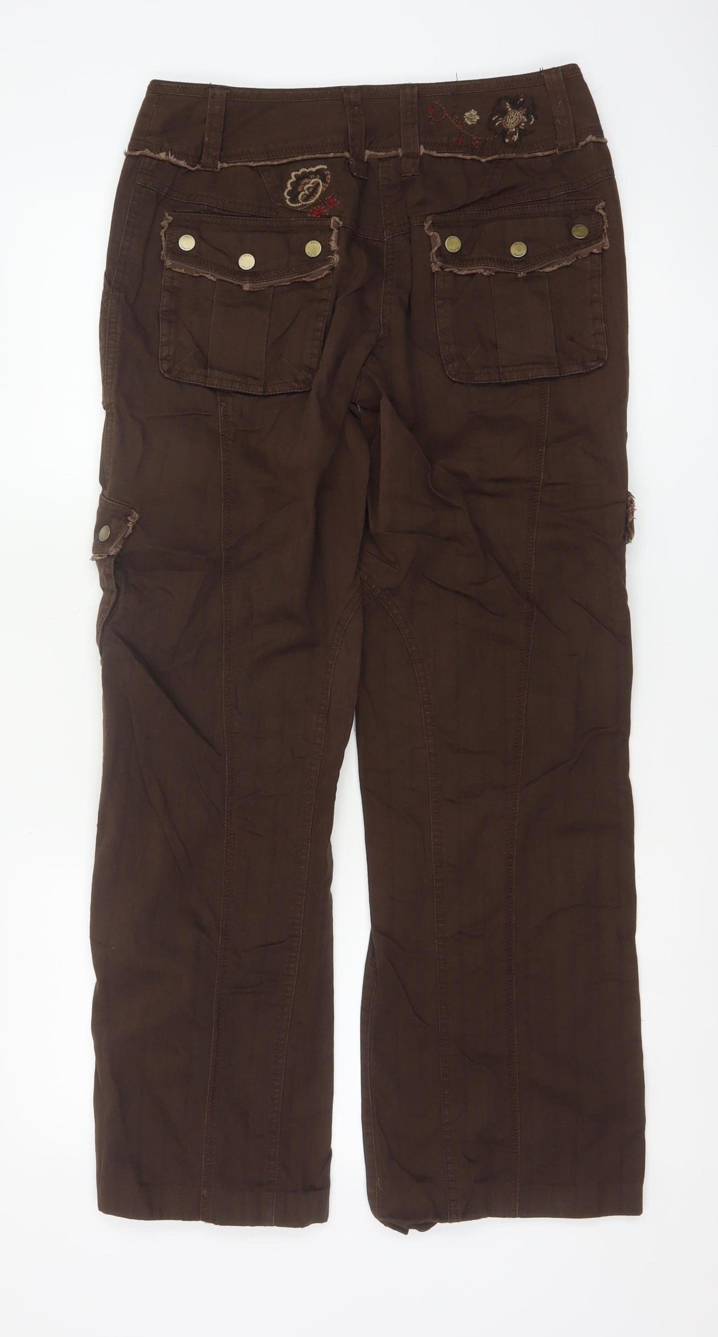 Next Women Brown Embroidered Cargo Trousers UK 10 Long Cotton
