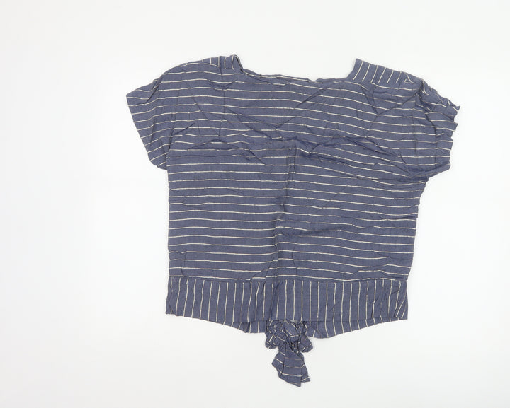 Oliver Bonas Women's Blue Striped Cropped Tie Blouse Size 12