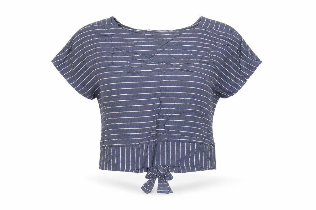 Front view of Oliver Bonas Women's Blue Striped Cropped Tie Blouse, size 12