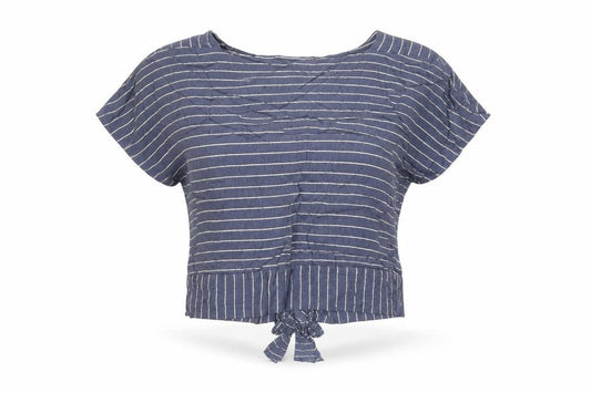 Front view of Oliver Bonas Women's Blue Striped Cropped Tie Blouse, size 12