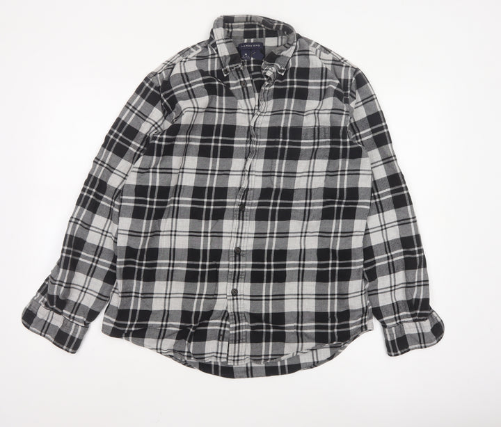 Lands' End Men's Black Plaid Flannel Button-Up Shirt Size M Regular Fit