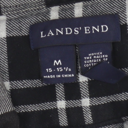 Lands' End Men's Black Plaid Flannel Button-Up Shirt Size M Regular Fit