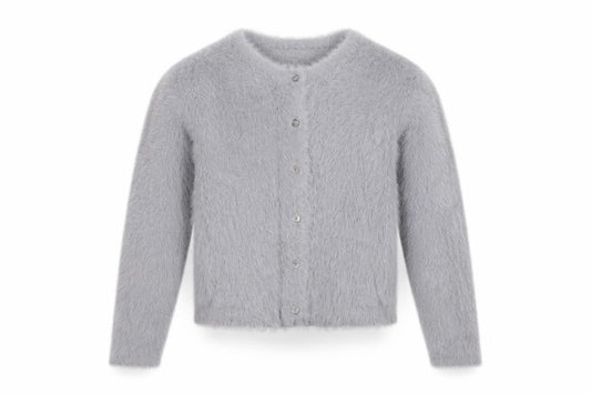 Front view of Next girls’ grey fluffy cardigan 10 years button up long sleeve knit