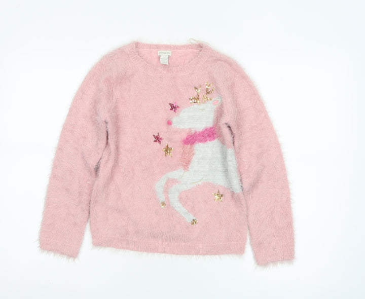 Monsoon Girls Pink Reindeer Sequin Christmas Pullover Jumper 12-13 Years