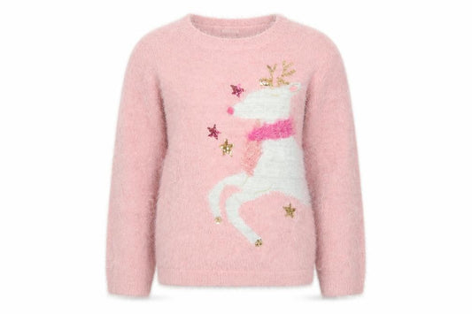 Front view of Monsoon girls’ pink reindeer sequin christmas jumper 12-13 years
