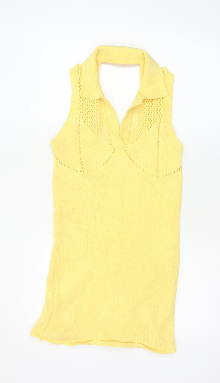 Zara Women Yellow Sleeveless Collared Knit Mini Tank Dress Size S