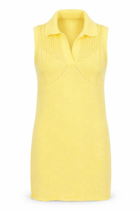 Front view of Zara Women Yellow Sleeveless Collared Knit Mini Tank Dress, size S