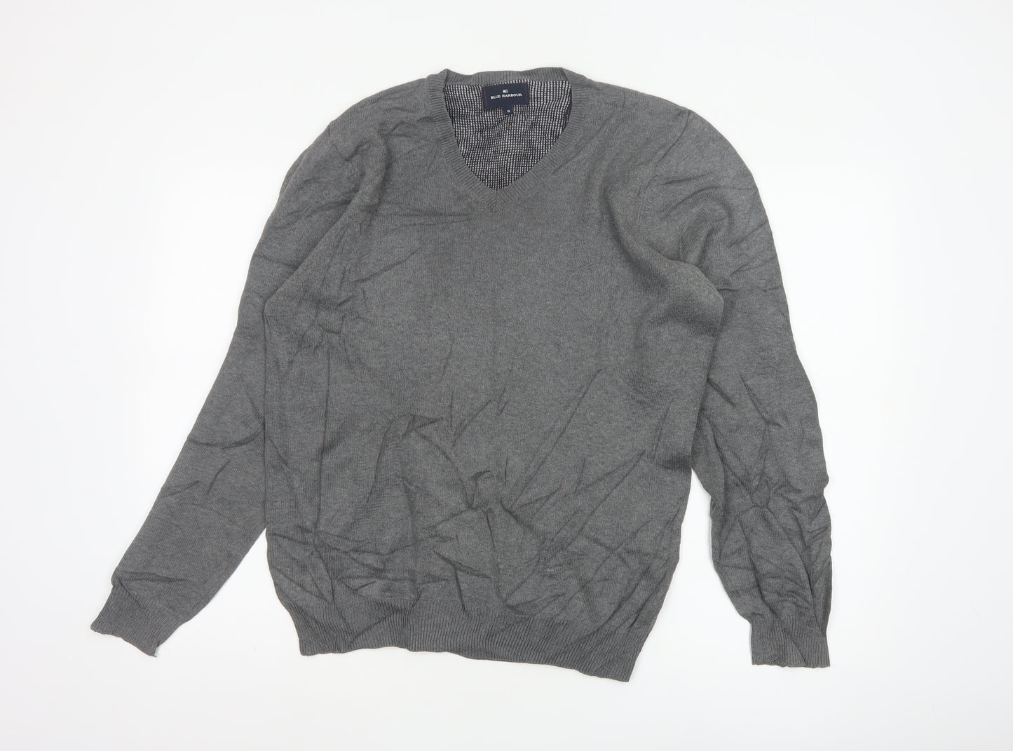 Marks and Spencer Blue Harbour Grey Cotton V-Neck Men's Jumper Size S