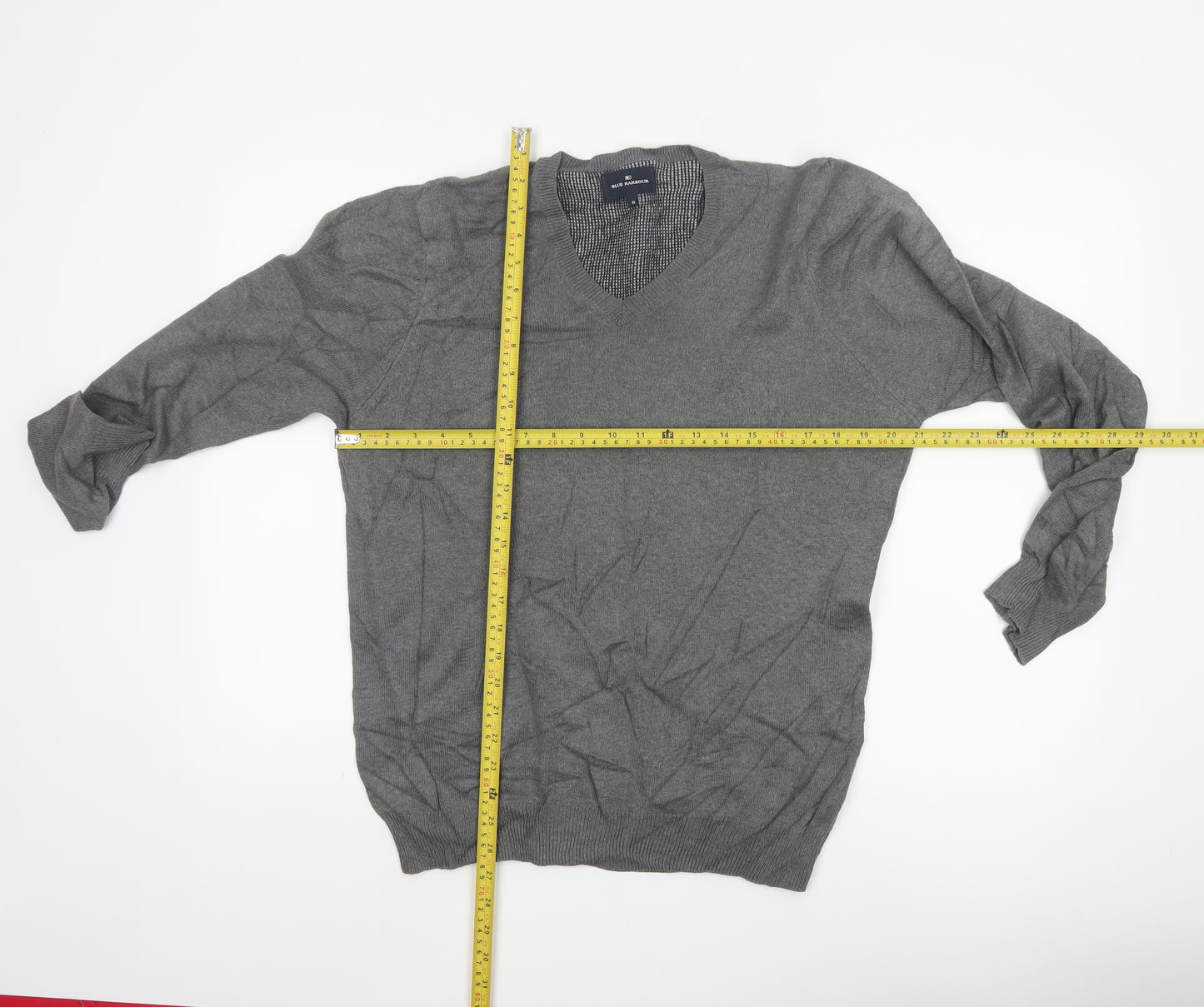 Marks and Spencer Blue Harbour Grey Cotton V-Neck Men's Jumper Size S