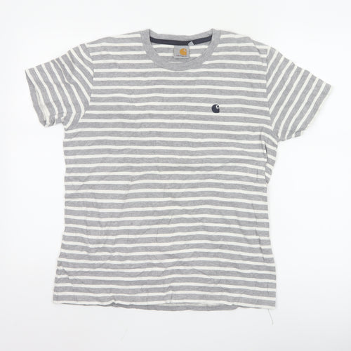 Carhartt Men's Grey White Striped Cotton Crew Neck T-Shirt Size S