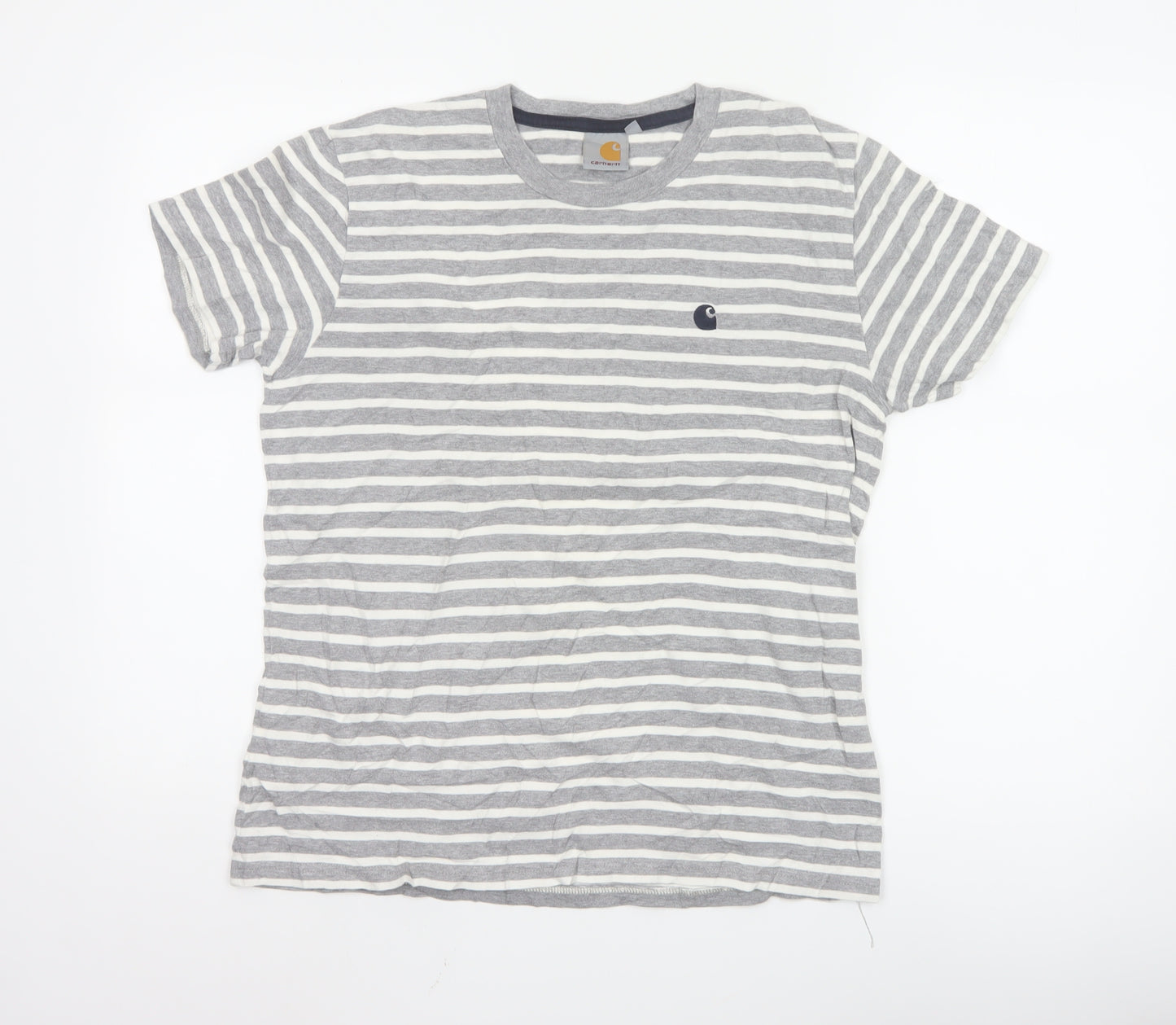 Carhartt Men's Grey White Striped Cotton Crew Neck T-Shirt Size S