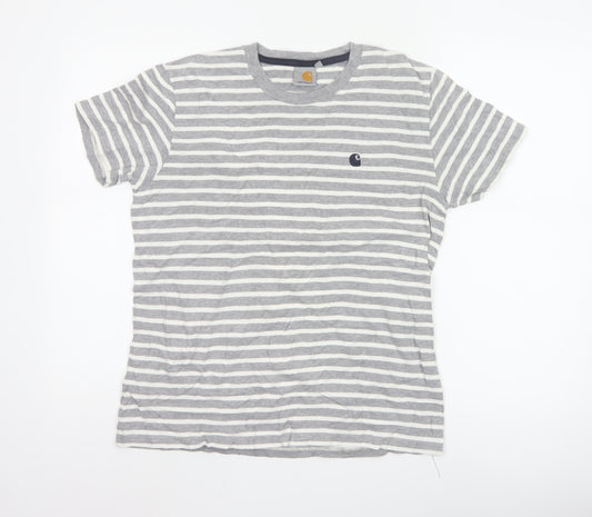 Carhartt Men's Grey White Striped Cotton Crew Neck T-Shirt Size S
