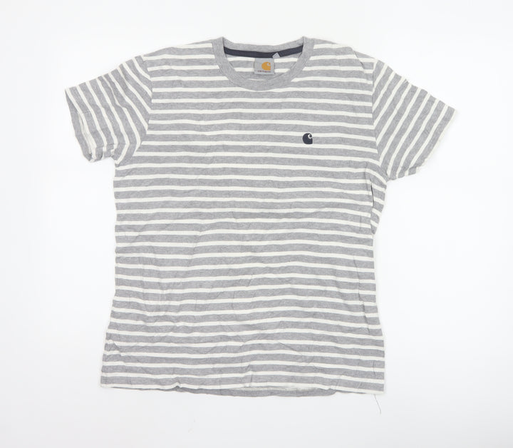 Carhartt Men's Grey White Striped Cotton Crew Neck T-Shirt Size S