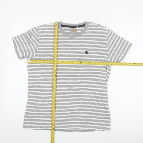 Carhartt Men's Grey White Striped Cotton Crew Neck T-Shirt Size S