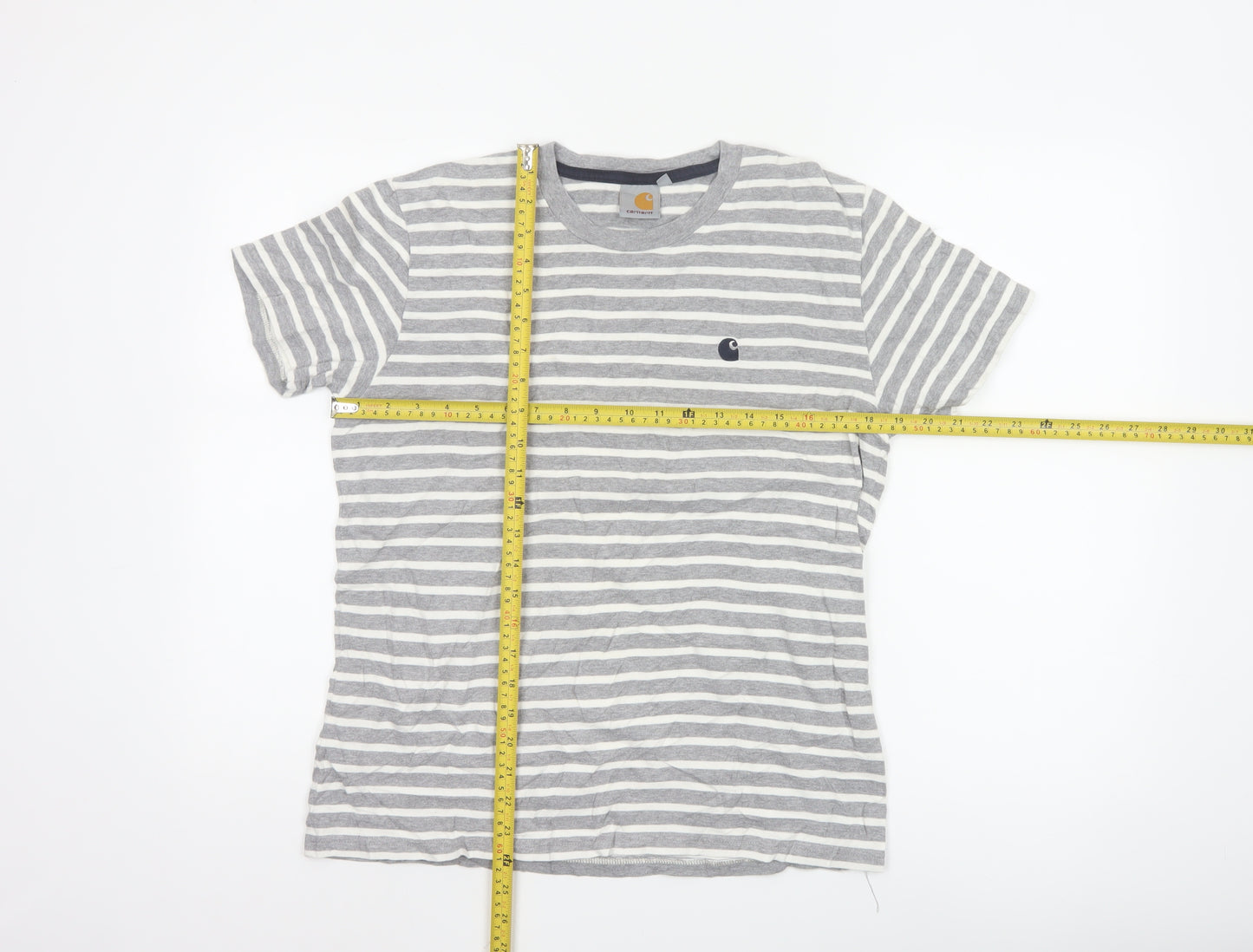 Carhartt Men's Grey White Striped Cotton Crew Neck T-Shirt Size S