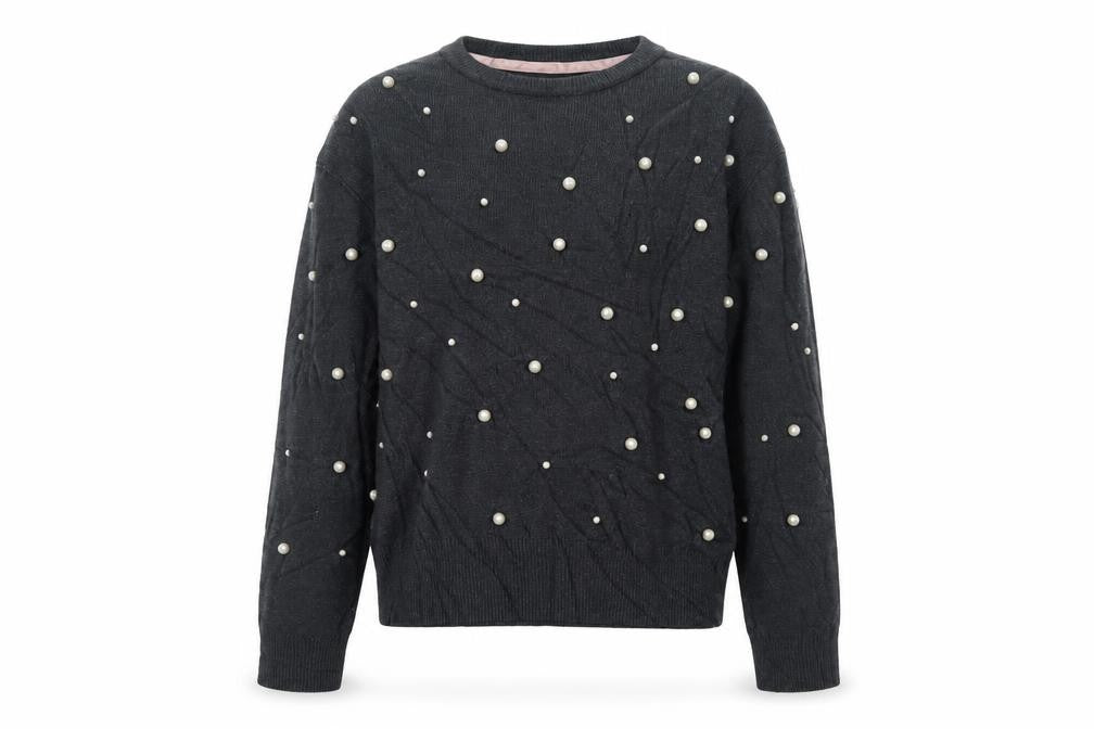 Front view of Lulurain girls’ grey pearl beaded long sleeve jumper 9-10 years