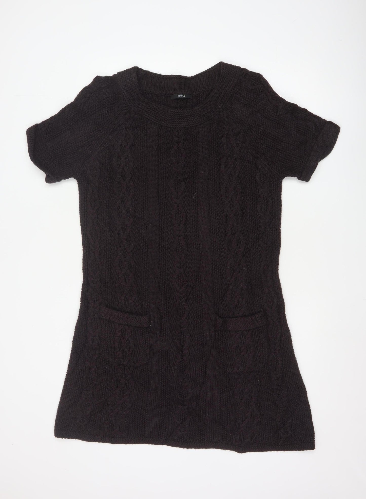Marks and Spencer Women’s Black Size 18 Short Sleeve Cable Knit Jumper Dress