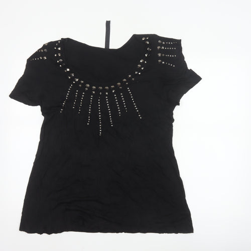 TU Women’s Black Studded Short Sleeve Scoop Neck Viscose Top Size 20