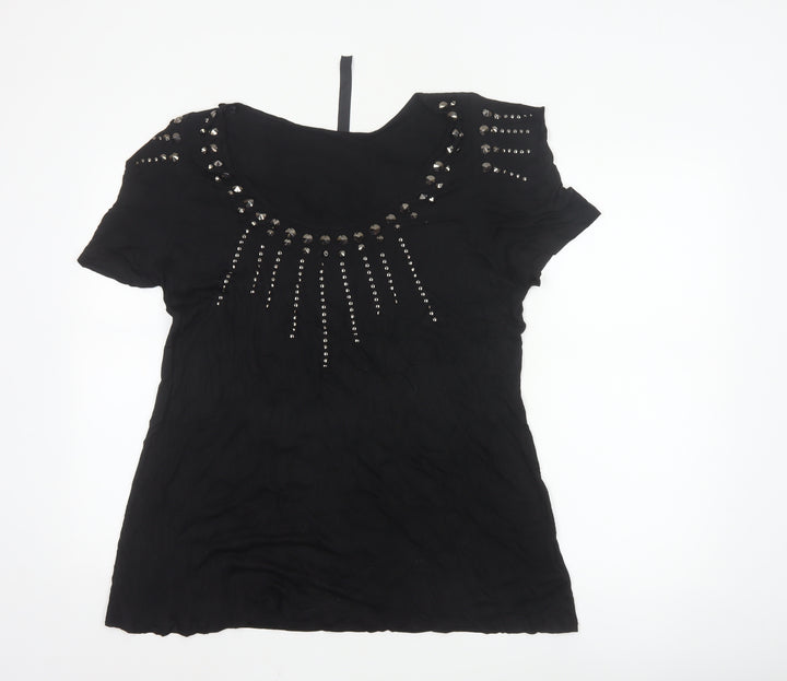 TU Women’s Black Studded Short Sleeve Scoop Neck Viscose Top Size 20