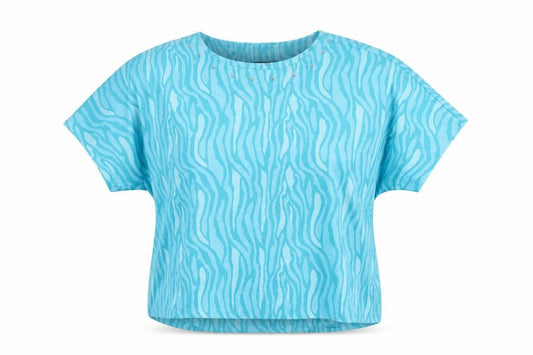 Front view of Star by Julien Macdonald Women’s Blue Animal Print Studded T-Shirt, size UK 20