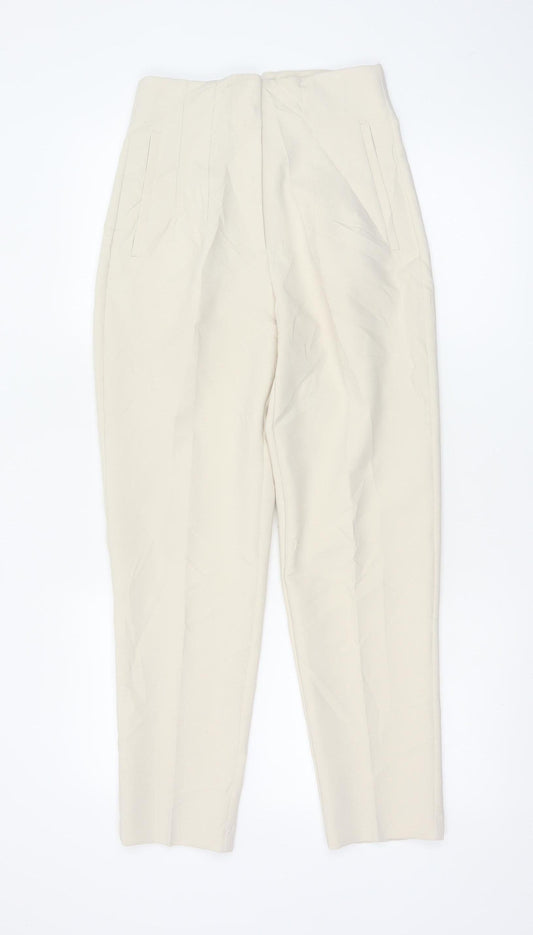 Zara Women Beige High Waist Tapered Trousers XS Polyester Blend