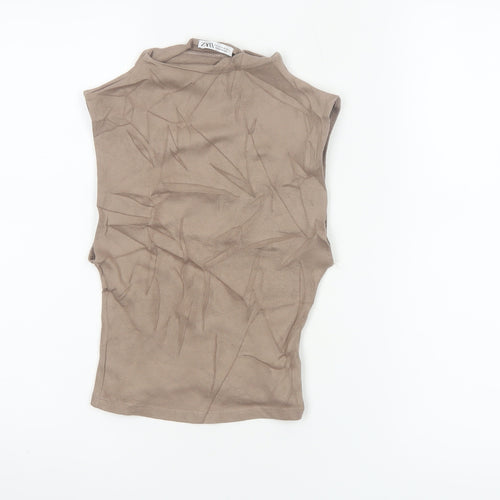 ZARA Women’s Brown Mock Neck Sleeveless Cotton Jersey Tank Top Size S