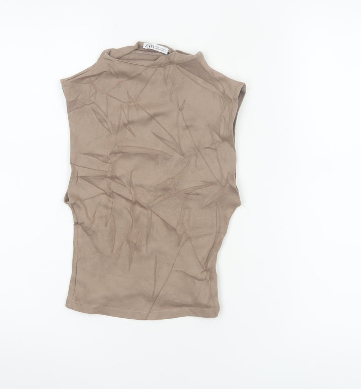 ZARA Women’s Brown Mock Neck Sleeveless Cotton Jersey Tank Top Size S