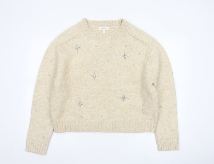 Marks and Spencer Per Una Women Beige Beaded Chunky Knit Jumper Size M