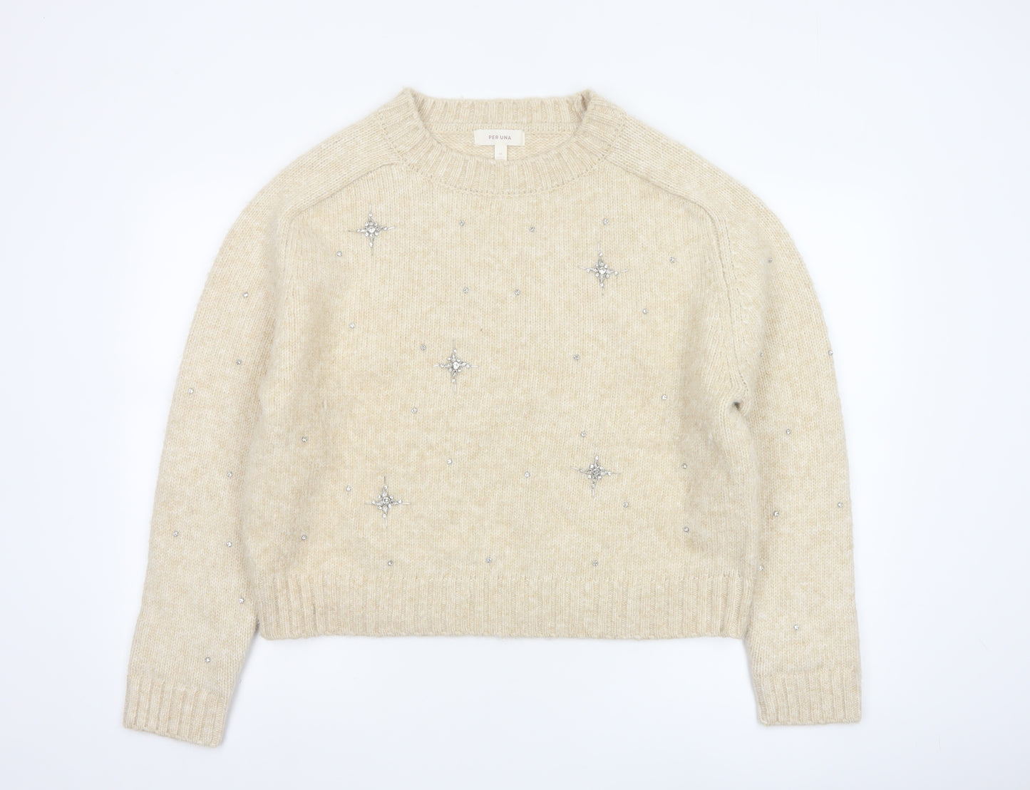 Marks and Spencer Per Una Women Beige Beaded Chunky Knit Jumper Size M