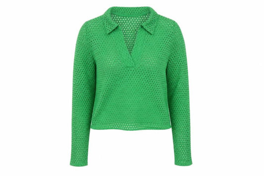 Front view of H&M Women Green Collared Crochet Knit Blouse, size S