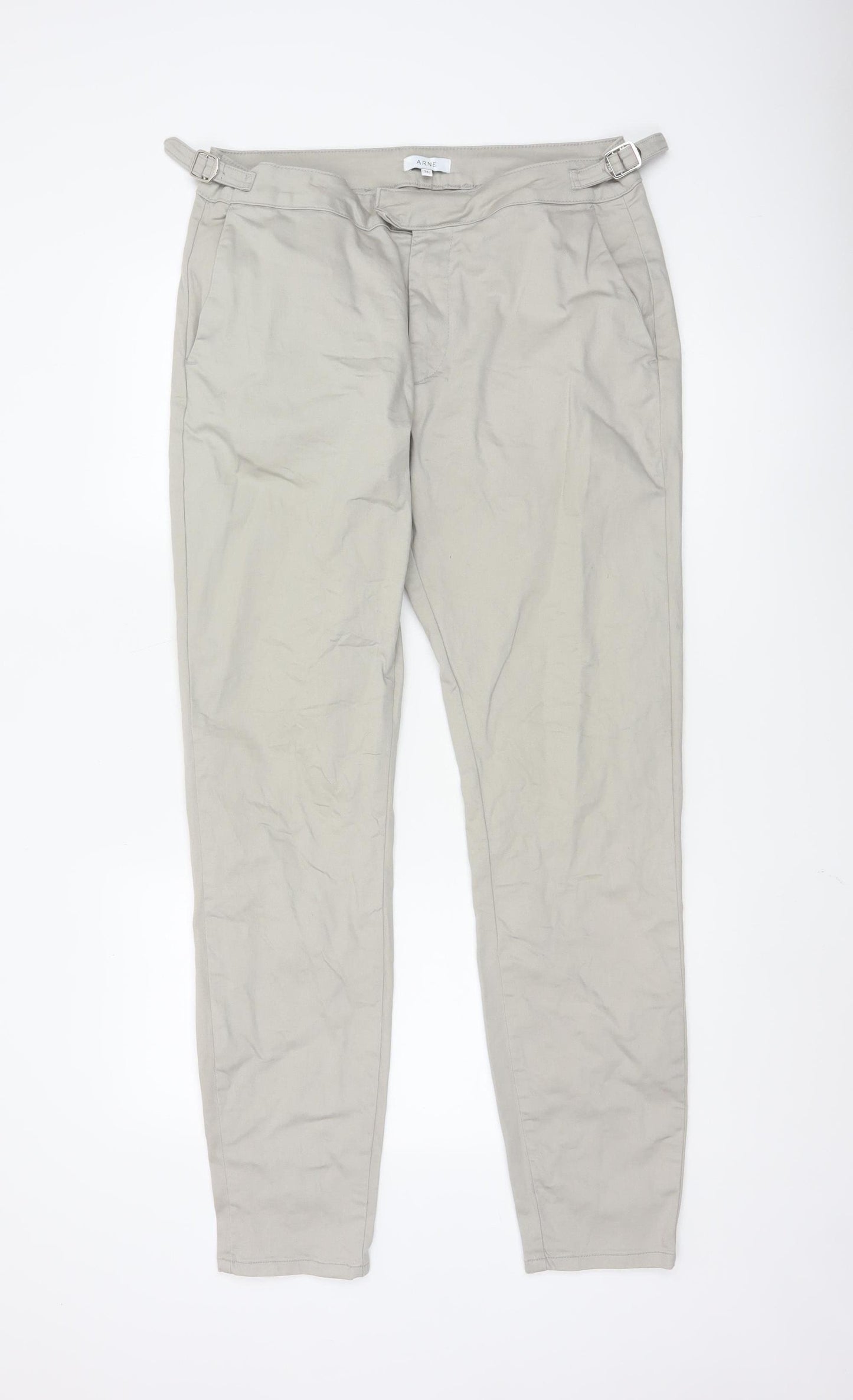 ARNE Men's Beige 34L Slim Fit Chino Trousers with Buckle Detail