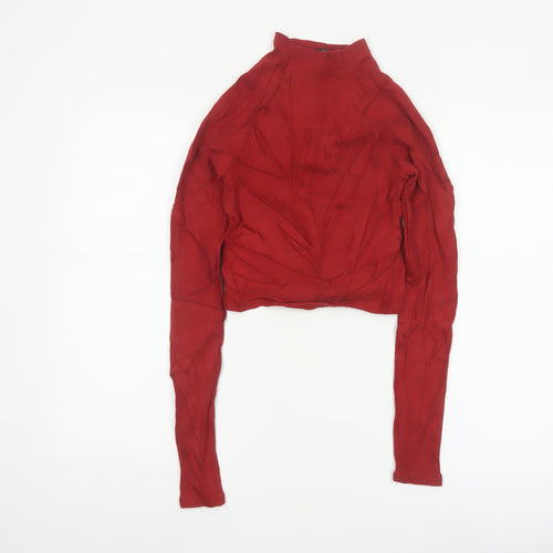 Zara Women Red Cropped High Neck Long Sleeve Cotton Top Size 12