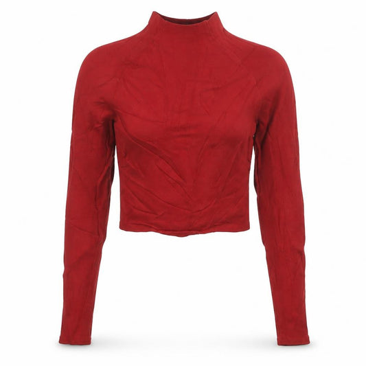 Front view of Zara Women Red Cropped High Neck Long Sleeve Cotton Top, size 12