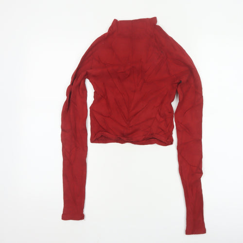 Zara Women Red Cropped High Neck Long Sleeve Cotton Top Size 12