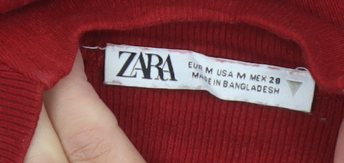 Zara Women Red Cropped High Neck Long Sleeve Cotton Top Size 12