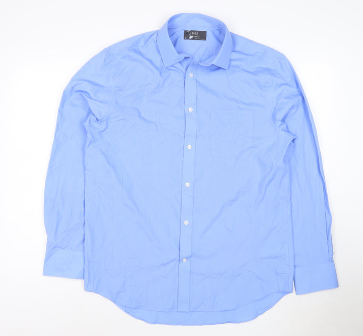 Marks and Spencer Men's Blue Regular Fit 16in Long Sleeve Button-Up Shirt