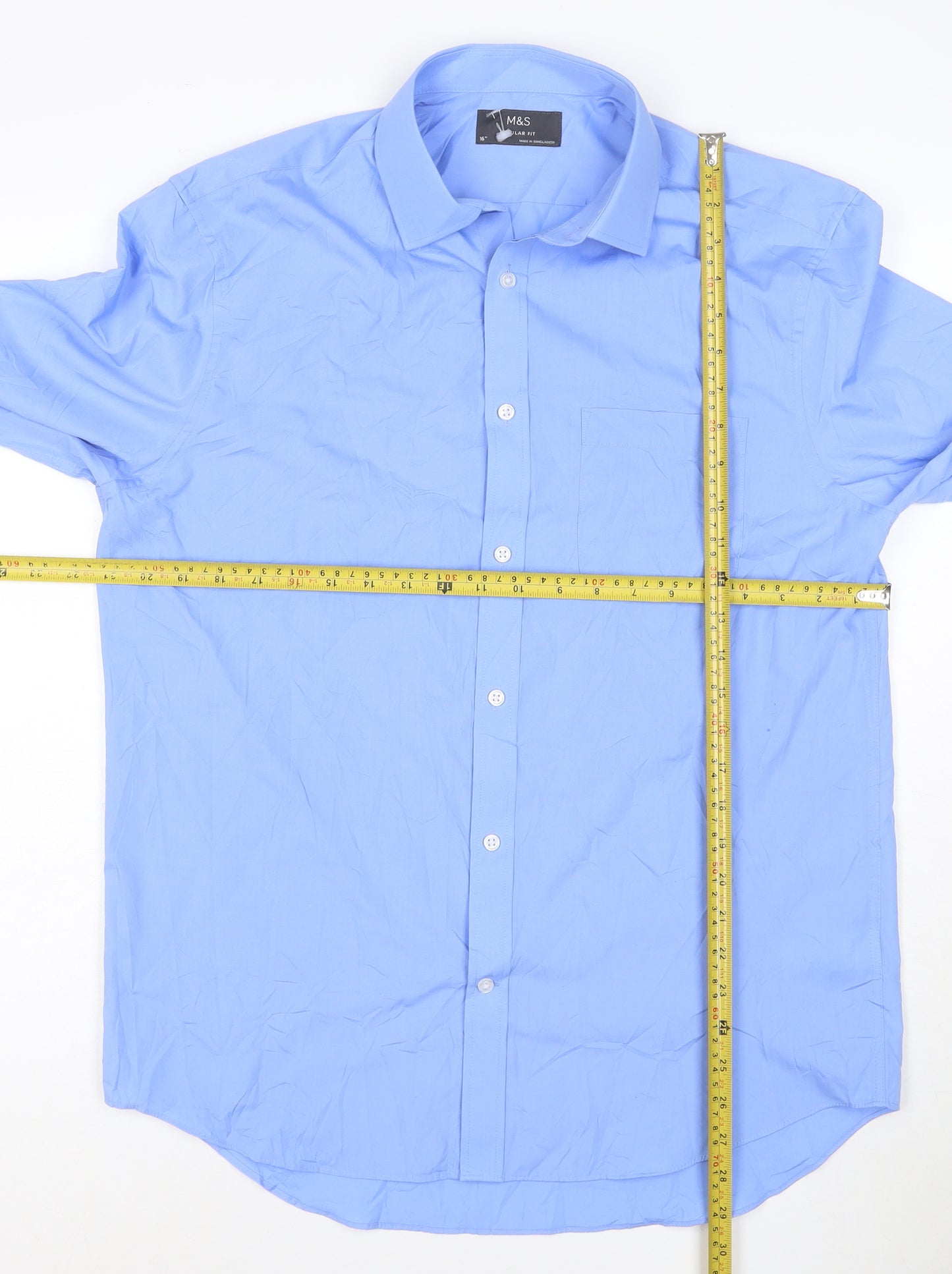 Marks and Spencer Men's Blue Regular Fit 16in Long Sleeve Button-Up Shirt