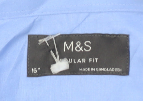 Marks and Spencer Men's Blue Regular Fit 16in Long Sleeve Button-Up Shirt