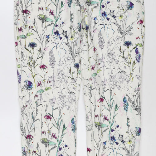 H&M Women White Floral Print Trousers Size 12 Straight Leg