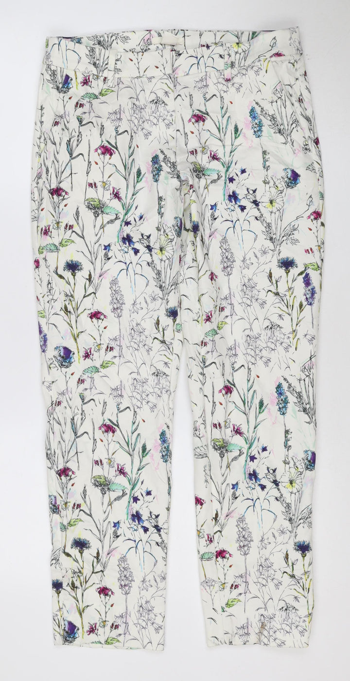 H&M Women White Floral Print Trousers Size 12 Straight Leg