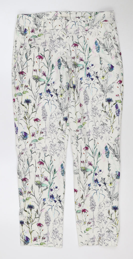 H&M Women White Floral Print Trousers Size 12 Straight Leg