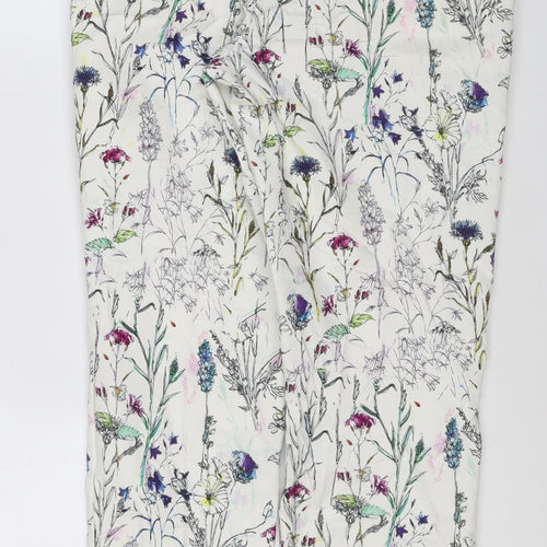 H&M Women White Floral Print Trousers Size 12 Straight Leg