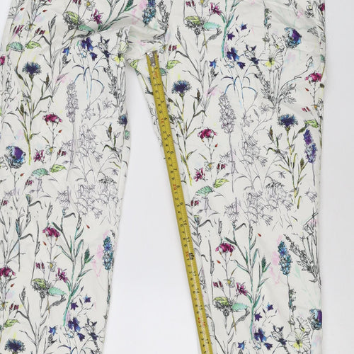 H&M Women White Floral Print Trousers Size 12 Straight Leg