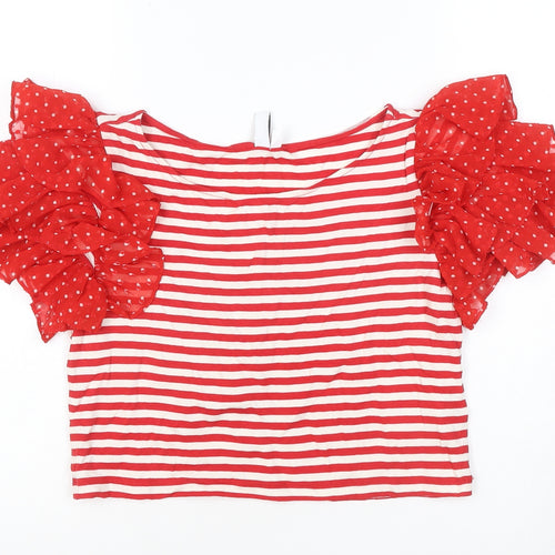 & Other Stories Women Red White Striped Puff Sleeve Cropped T-Shirt Size 10